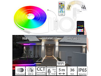 LED Streifen: Lunartec WLAN-Neon-Schlauch mit RGBW-IC-LEDs, App, Sprachsteuerung, IP65, 5 m