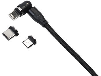 Callstel USB-A-Kabel, magnetischer Stecker für USB-C, Micro-USB, Lightning, 3 A