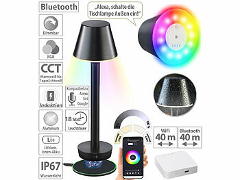 Dimmbare in- & Outdoor-Tischlampe mit Akku: Luminea Home Control Smarte Outdoor-Tischlampe mit WLAN-Gateway, RGB-CCT-LEDs, App, IP67