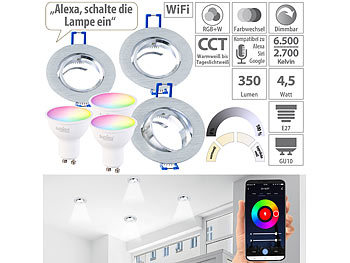 GU10 LED RGB WiFi: Luminea 3er-Set Alu-Einbaustrahler-Rahmen mit WLAN-LED-Spots, 350 lm, App