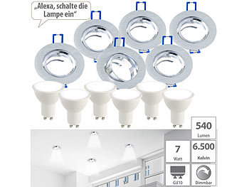 LED Einbauleuchte: Luminea 6er-Set Alu-Einbaustrahler-Rahmen mit GU10-LED-Spots, 540 lm, 7 Watt