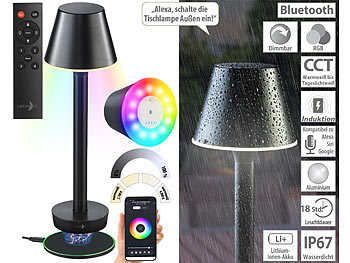 Tischlampe Akkubetrieb: Lunartec Smarte Outdoor-Tischlampe, RGB-CCT-LEDs, App, inkl. Fernbedienung