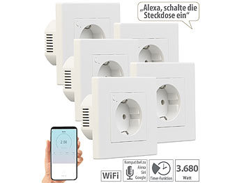Amazon Alexa Steckdose: Luminea Home Control 5er-Set WLAN-Unterputz-Steckdosen mit Verbrauch-Messung, App, 3.680 W