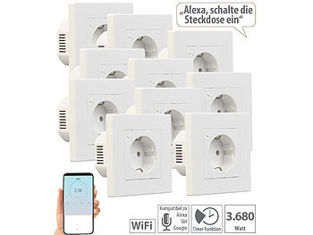 Alexa Smart Steckdose: Luminea Home Control 10er-Set WLAN-Unterputz-Steckdosen mit Verbrauch-Messung, App, 3.680 W