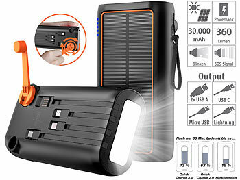 Dynamo Solar Akkupack: revolt Kurbel-Dynamo-Solar-Powerbank, 30.000 mAh, PD 20 W, Super Charge, LED