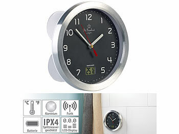 Badezimmer Uhr: St. Leonhard Badezimmer-Wanduhr mit LCD-Thermometer, Aluminium-Rahmen, IPX4, Grau