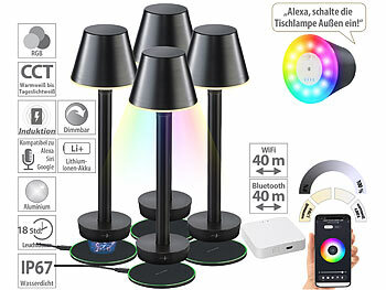 Kabellose LED-Tischlampe: Lunartec 4er-Set Smarte Outdoor-Tischlampe mit WLAN-Gateway, RGB-CCT-LEDs, App