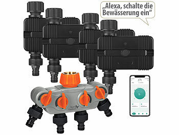 Royal Gardineer 4er-Set WLAN-Bewässerungscomputer, Ventil, 4-fach-Wasserverteiler, App
