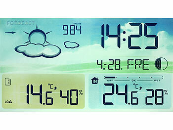 infactory Funk-Wetterstation mit rahmenlosem LCD-Display, Außensensor, Funk-Uhr