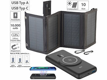 Solarpanel USB Powerbank: revolt Magnetische Powerbank + Falt-Solarpanel, 10.000 mAh, für Qi & MagSafe