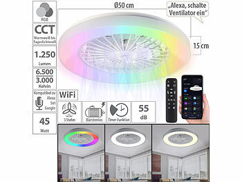 Deckenlampe mit Ventilator: Sichler 2in1-WLAN-Deckenleuchte & Ventilator, RGB-CCT-LEDs, 30W, 1.250 lm, App