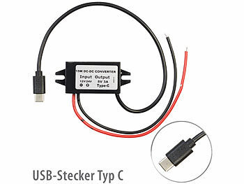 USB-C-DC-DC-Konverter: revolt DC/DC-Spannungswandler für 12/24 zu 5 V, 3 A, IP67, USB-Stecker Typ C