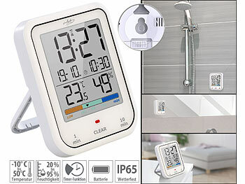 LCD Hygrometer: infactory Digitale Badezimmer- und Duschuhr mit Thermo-/Hygrometer, IP65