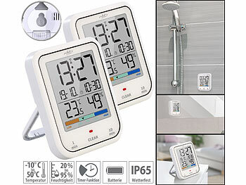 Küchen Uhr: infactory 2er-Set digitale Badezimmer- & Duschuhren mit Thermo-/Hygrometer, IP65
