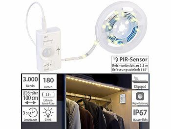 Schrankbeleuchtung: Lunartec Akku-LED-Streifen, 30 warmweiße LEDs, PIR-Sensor, 180 lm, 100 cm, IP65