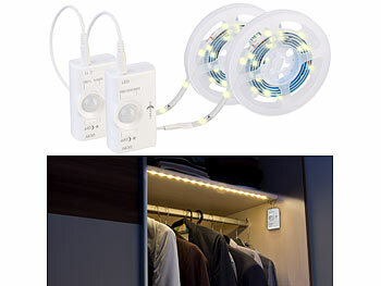 Lunartec Unterbauleuchten: 2er-Set Akku-LED-Streifen, 30 warmweiße LEDs,  PIR, 180 lm, 100cm, IP65 (Nachtlicht mit Bewegungsmelder)