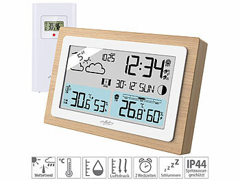 Thermometer: infactory Funk-Wetterstation im Echtholz-Rahmen, Wettervorhersage, Uhr, Wecker