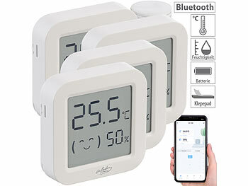 Luftfeuchtigkeitsmesser: infactory 4er-Set Mini-Thermo-/Hygrometer, Komfort-Anzeige, LCD, Bluetooth, App