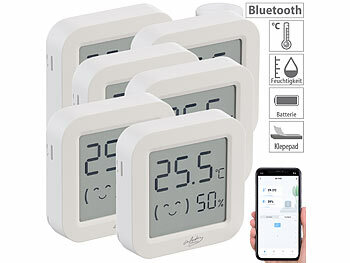 Luftfeuchtigkeitsmesser: infactory 6er-Set Mini-Thermo-/Hygrometer, Komfort-Anzeige, LCD, Bluetooth, App