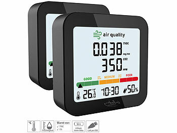 Co2 Monitor: infactory 2er-Set Akku-Messgeräte für TVOC, mit CO2-Anzeige, Thermo-/Hygrometer