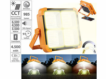 Baustrahler LED Solar: Luminea Solar-Akku-Strahler mit CCT-LEDs und Powerbank, 1000 lm, dimmbar
