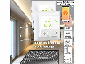 Elesion Thermostat: revolt 2er-Set WLAN-Fußbodenheizungs-Thermostat. Sprachsteuerung, App, weiß