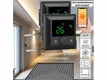 Heizungs-Thermostat WLAN: revolt 2er-Set WLAN-Fußbodenheizungs-Thermostat mit Sprachsteuerung, schwarz