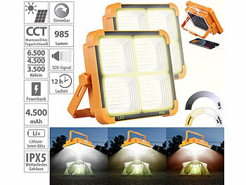 LED Arbeitsleuchte: Luminea 2er-Set Solar-Akku-Strahler mit CCT-LEDs & Powerbank, 1000 lm, dimmbar