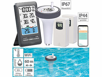 Pool Thermometer: infactory Smartes WLAN-Poolthermometer, IP67, 2 Außensensoren, Alarm