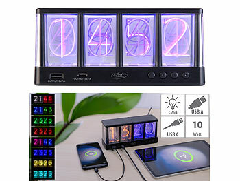Digitale Uhr Wohnzimmer: infactory Tischuhr in Röhren-Optik, RGB-LEDs, USB-A/C-Anschluss, USB-betrieben