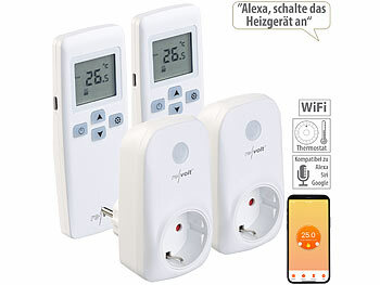 Funk-Thermostat Heizung: revolt 2er-Set WLAN-Steckdosen-Thermostat mit Sensor-Fernbedienung, App