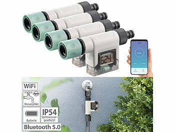 Garten-Wasser-Zähler: Royal Gardineer 4er-Set Smart-Wasserzähler für Gartenschlauch, Display, Bluetooth, App