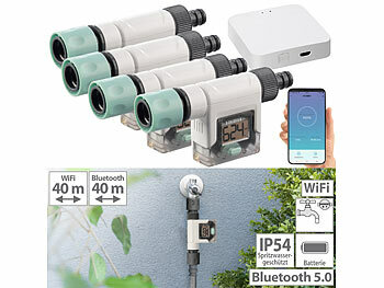 mit WLAN verbinden, Bluetooth: Royal Gardineer 4er-Set smarte Wasserzähler für Gartenschlauch, mit WLAN-Gateway & App