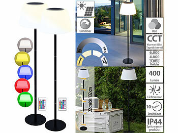 Solar LED Stehlampe außen: Lunartec 2er-Set Solar-LED-Tisch- & Stehleuchte, Fernbedienung, RGB&CCT, 400 lm