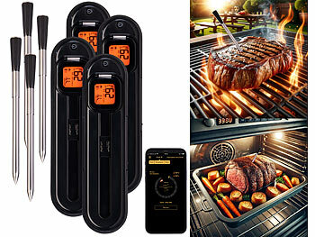 Rindfleisch-Thermometer: Rosenstein & Söhne 4er-Set kabellose smarte Fleisch-, Braten- & Grill-Thermometer,BT5,App