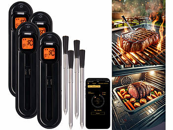 Rosenstein & Söhne 4er-Set kabellose smarte Fleisch-, Braten- & Grill-Thermometer,BT5,App