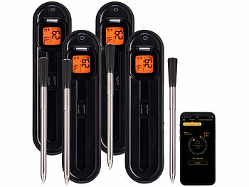 Rosenstein & Söhne 4er-Set kabellose smarte Fleisch-, Braten- & Grill-Thermometer,BT5,App
