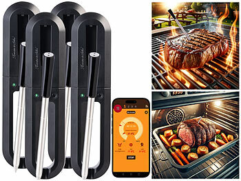 Brathähnchen-Thermometer: Rosenstein & Söhne 4er-Set Kabelloses Fleischthermometer für Grill oder Ofen, App