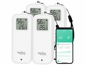WiFi Thermo-Hygrometer: Luminea Home Control 4er-Set WLAN-Temperatur- und Luftfeuchtigkeitssensor mit Display, App