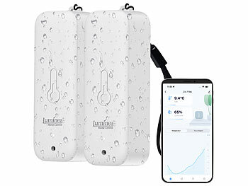 Hygrometer Digital innen: Luminea Home Control 2er-Set Thermometer & Hygrometer mit Bluetooth & App, wetterfest, IP65