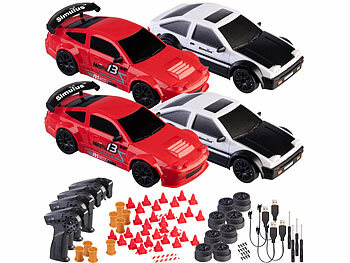 RC-Sport-Rennautos: Simulus 4er-Set ferngesteuerte Drift-Sportwagen mit Scheinwerfern, rot&silber