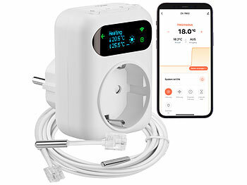 Stecker: revolt WLAN-Steckdosen-Thermostat für Heiz- & Klimageräte, App, 2 Sensoren