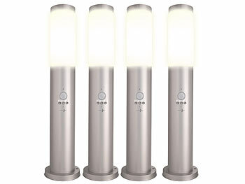 Wegeleuchte Edelstahl: Lunartec 4er-Set Standleuchten, 1-flammig, Bewegungssensor, E27, Edelstahl,IP44 