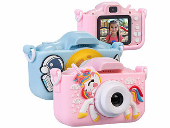 Kinderfoto-Kamera: Playtastic 2er-Set Selfie-Kinderkameras, 2''-IPS-Display, 1080p, rosa/blaue Hülle