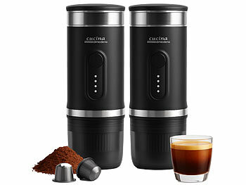 2 Tassen Kaffeemaschine: Cucina di Modena 2er-Set mobile Akku-Espressomaschinen, auch für Kapseln, 15 bar, 140 W
