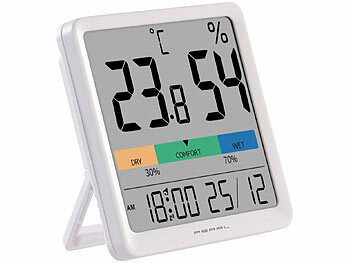 Temperatur Messgerät: PEARL Thermo- und Hygrometer mit farbiger Komfort-Anzeige, Uhrzeit & Wecker