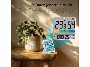 Digitales Thermometer/Hygrometer mit Uhrzeit-Anzeige und Wecker für Wohnzimmer