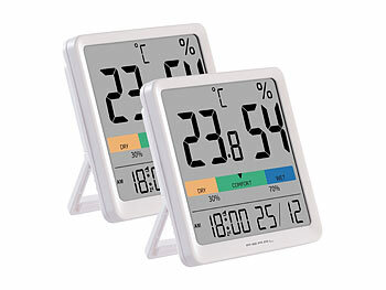 Temperatur Messgerät: PEARL 2er-Set Thermo- und Hygrometer, Komfort-Anzeige, Uhrzeit und Wecker