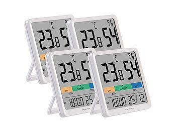 Temperatur Messgerät: PEARL 4er-Set Thermo- und Hygrometer, Komfort-Anzeige, Uhrzeit und Wecker 