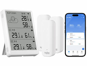 WiFi-Thermometer TUYA: Luminea Home Control WLAN-Temperatur- & Luftfeuchtigkeits-Set mit Display, 3 Sensoren